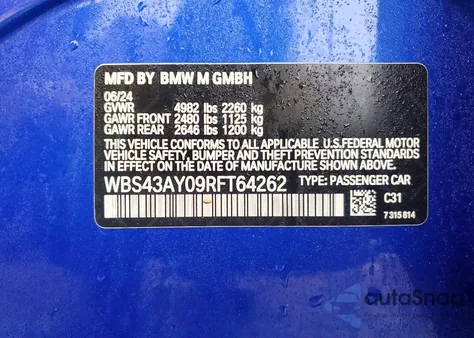 2024 BMW M3 Competition из США, поврежденный, VIN WBS43AY09RFT64262